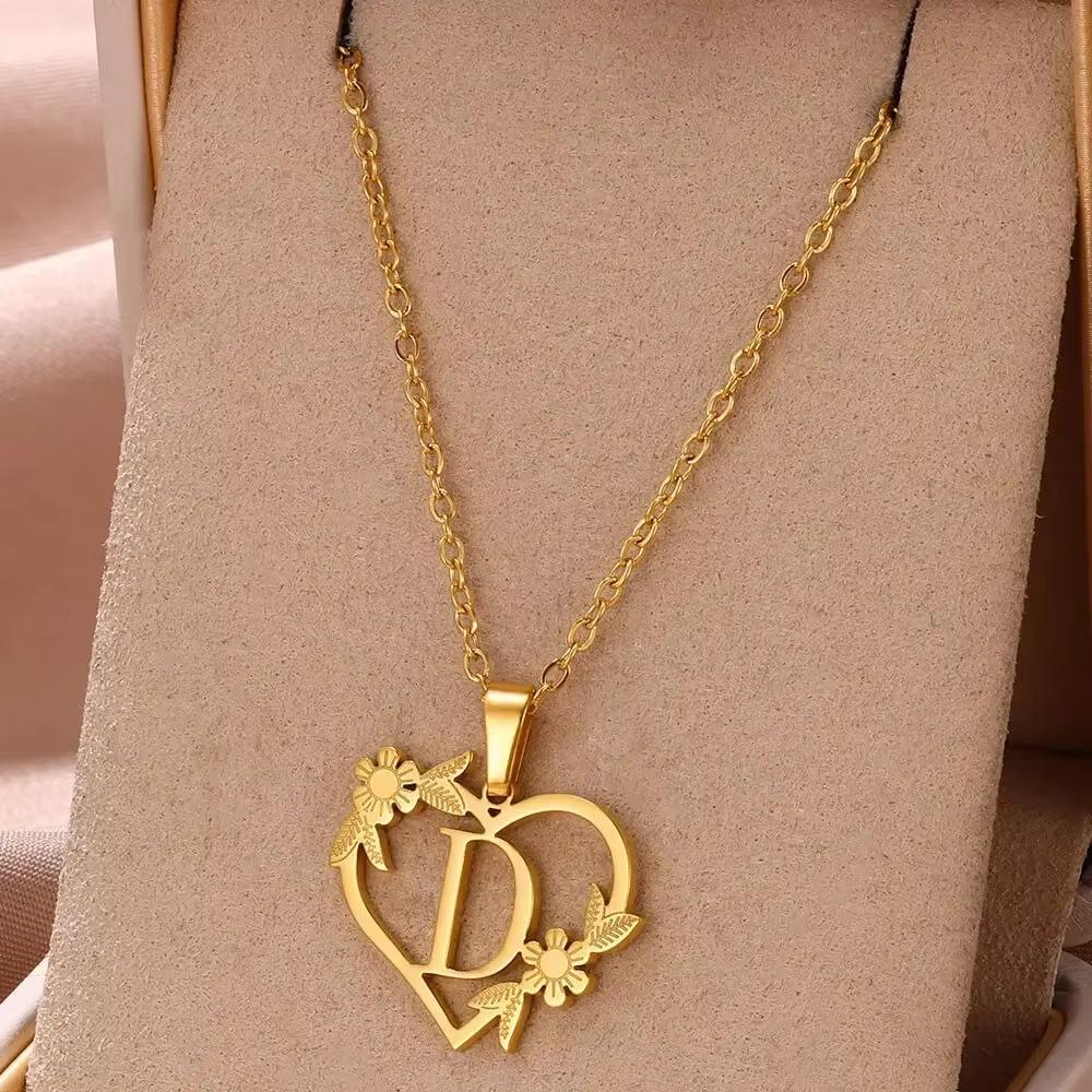 New English Alphabet Heart Pendant Gold Flower Premium Titanium Steel Gold Plated Necklace Clavicle Chain Fresh Woman