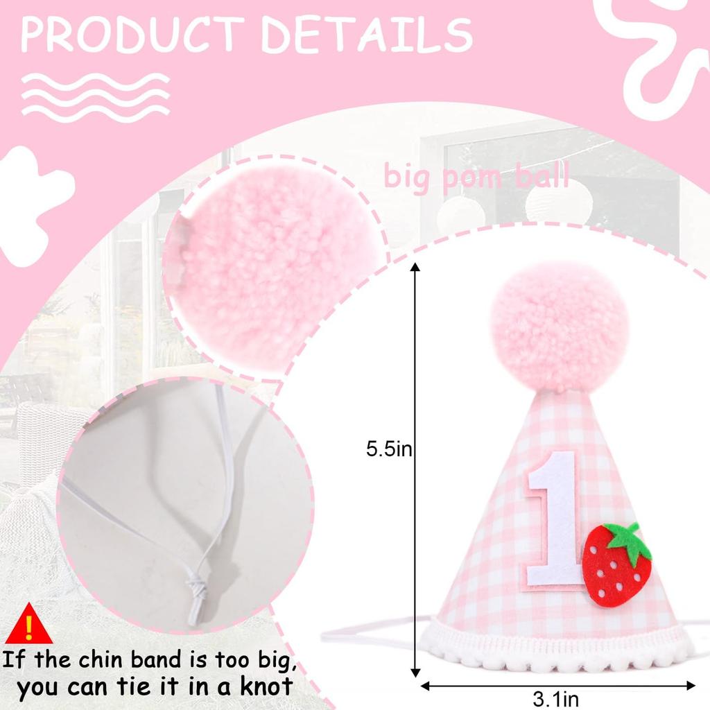 Strawberry 1st Birthday Hat - Girl Sweet One Birthday Decorations, Girls Pink First Birthday Crown, Strawberry Theme Cake Smash Props, Berry Sweet