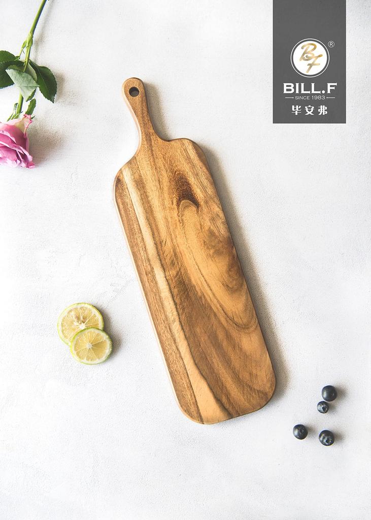 BILL.F Acacia Wood Cutting Board, Kitchen Cutting Board with Handle, Natural Material, Stylish, Camping, Home Cooking, 41*12*1.5cm