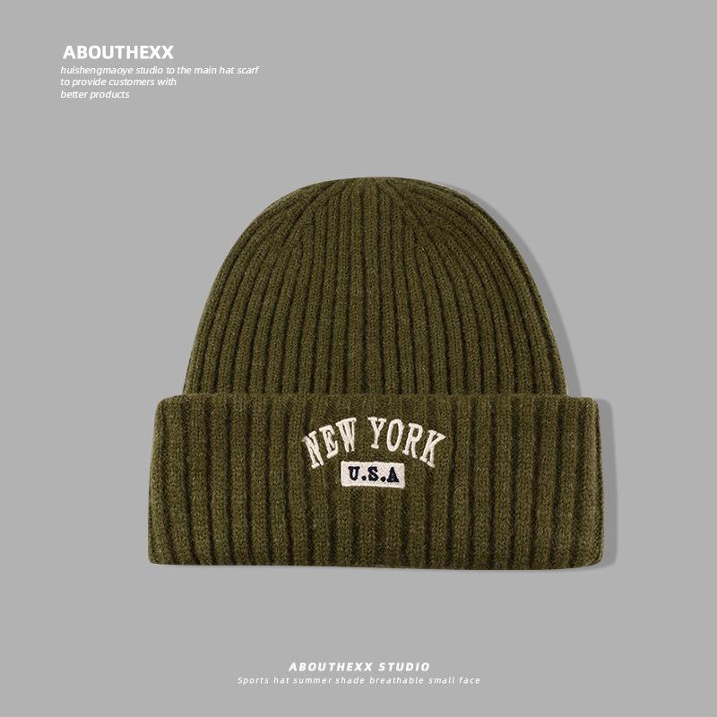 American Retro Letter Embroidery Hat for Women Autumn and Winter Warm Knitted Hat  Face Showing Small Woolen Hat  Men's Pullover Cold Hat Trendy