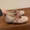 Xiaoxiangfeng Fleece Square Head Bow Thousand Gold Feeling Inner Height Increase Single Shoes French Evening Wind Mary Jane Shoes New