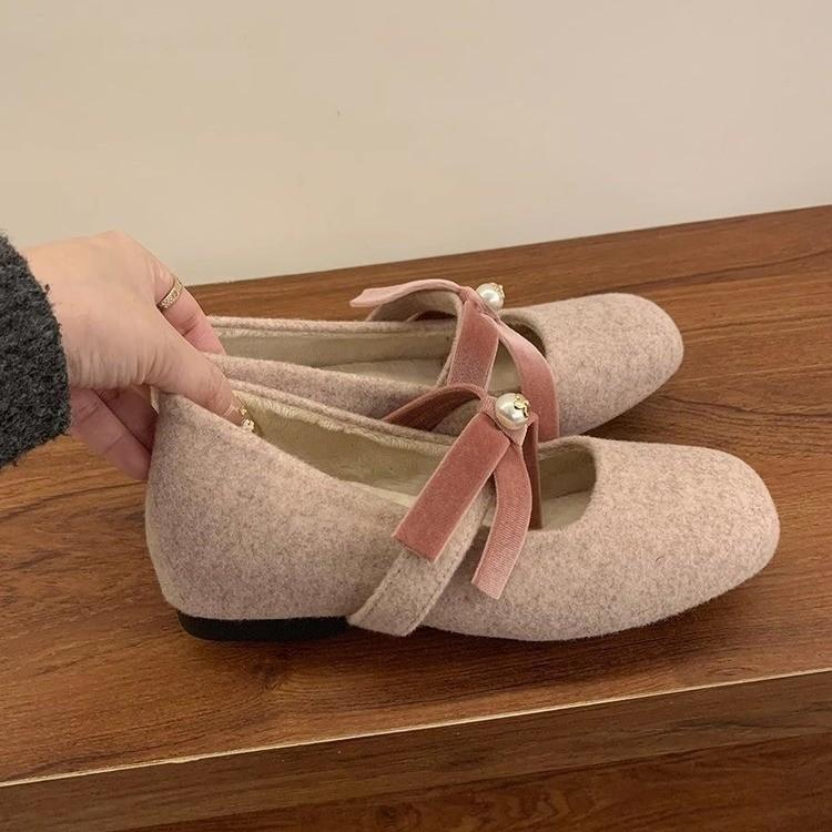 Xiaoxiangfeng Fleece Square Head Bow Thousand Gold Feeling Inner Height Increase Single Shoes French Evening Wind Mary Jane Shoes New