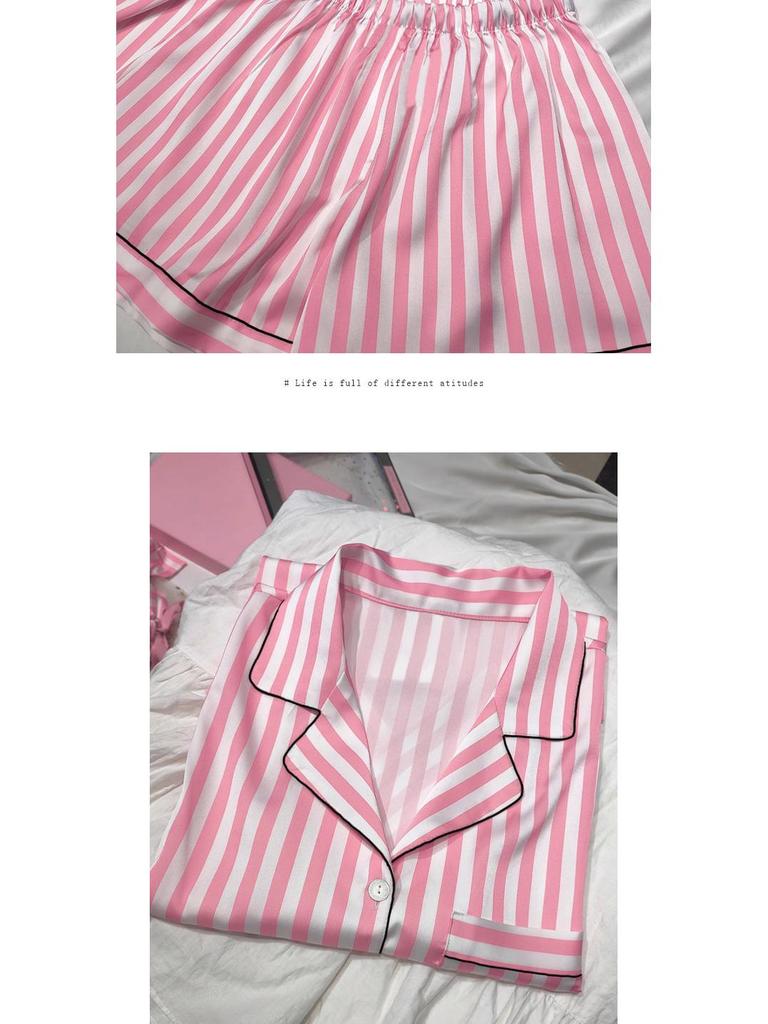 Women's Summer Pink Stripe Ice Silk Short Sleeve Pajama Set for Indoors and Outdoors