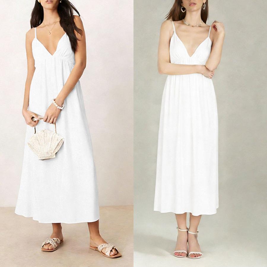 Spring New Arrivals Women's Fashion Sexy Low Back Sleeveless Solid Color V-Neck Strappy Dress