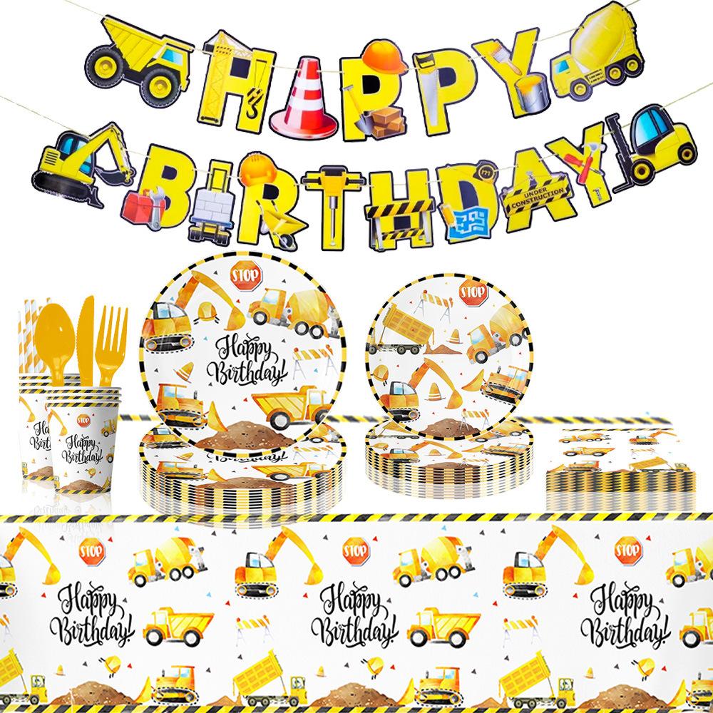 Factory Direct Sales Construction Vehicle Theme Party Supplies Birthday Decoration Excavator Party Tableware Party Arrangement Props