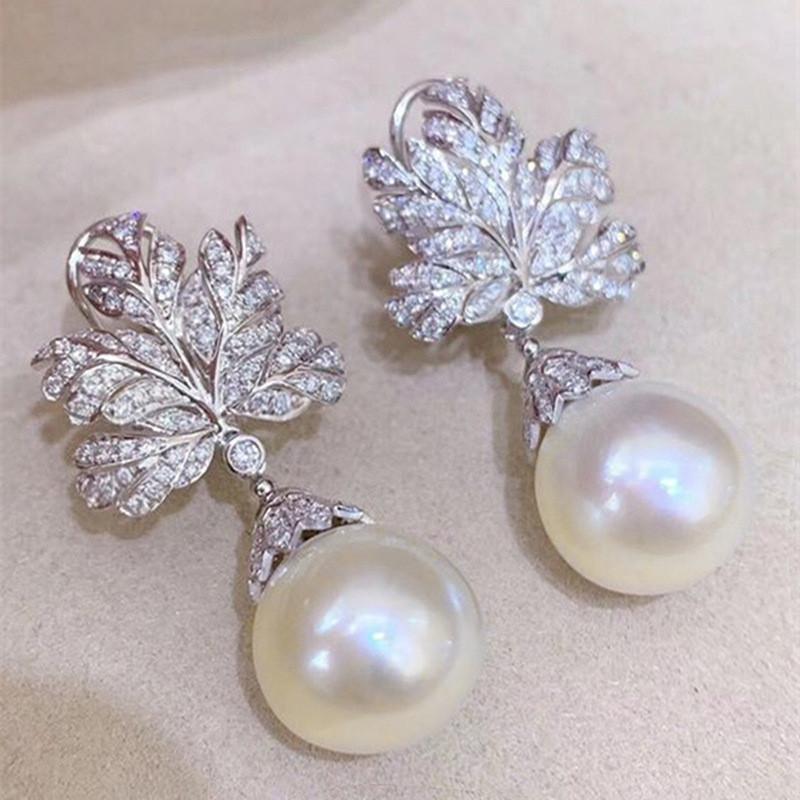 925 Sterling Silver Leaf Pendant Earrings for Women Female Engagement Jewelry Brilliant Zirconia Pearl Wedding Accessories