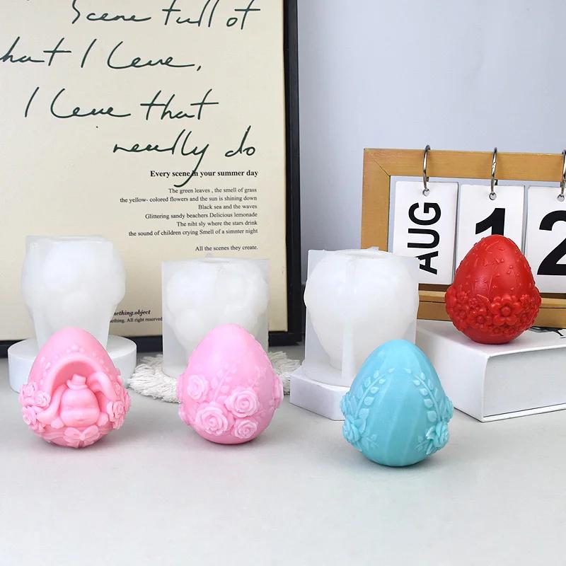 3D Flower Relief Egg Candle Silicone Mold Rose Peony Flowers Goog Candle Molds Rabbit Statue Eggs Resin Gypsum Mould Easter Gift
