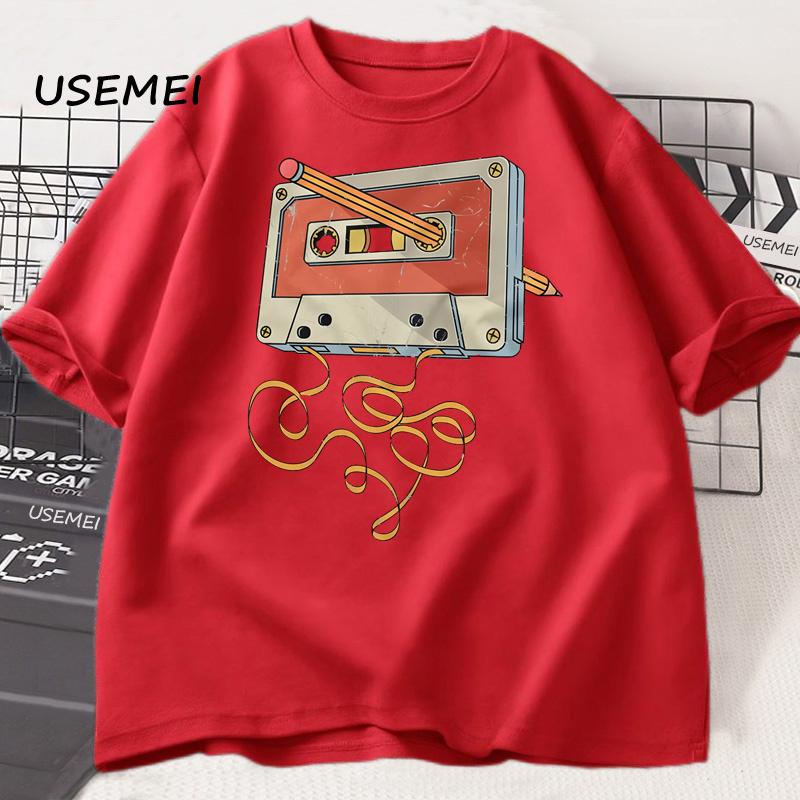 

Футболка с кассетой 80-х 90-х, карандашом, музыка 1980-х, ретро, свободная, хлопковая, с коротким рукавом, повседневная, одежда Харадзюку XL