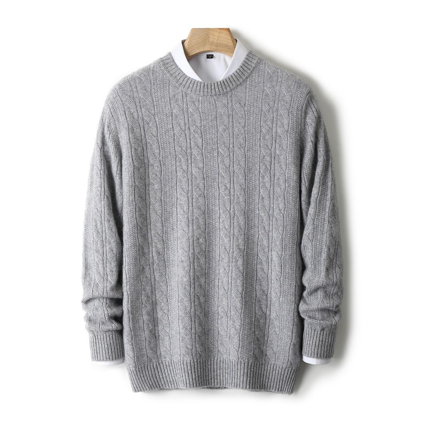 

Men s Winter Cable Knit Pure Wool Sweater - Round Neck, Solid Color, Thickened Casual Business Base Layer Large