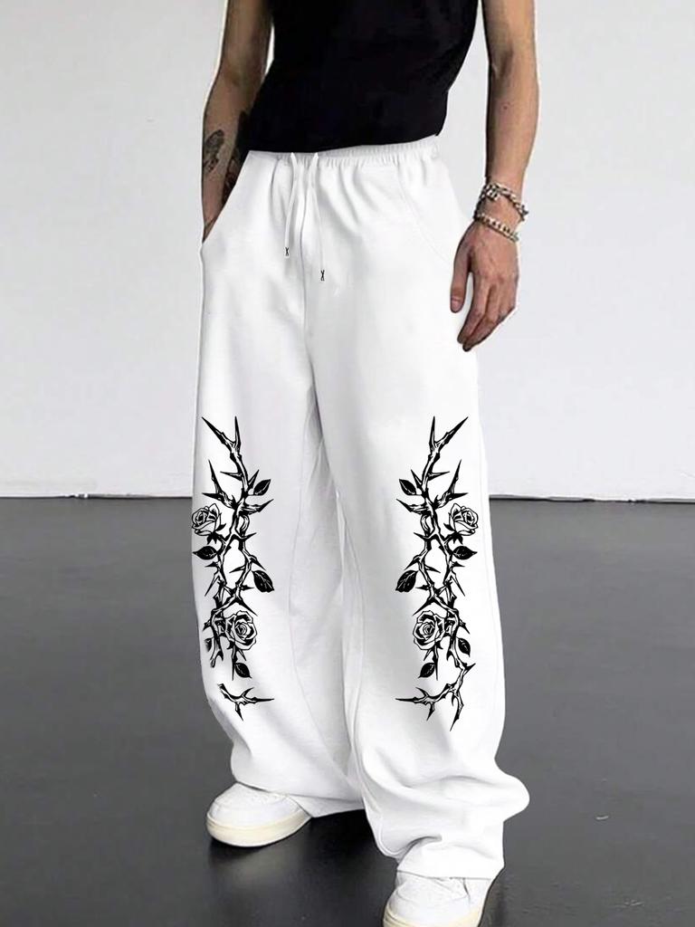 Herre Wide Leg Sweatpants med Snor, Elastisk Talje Bukser med Sidelommer, Komfort Pasform til Daglig Gåtur Indkøb Afslappet Udendørs Tøj