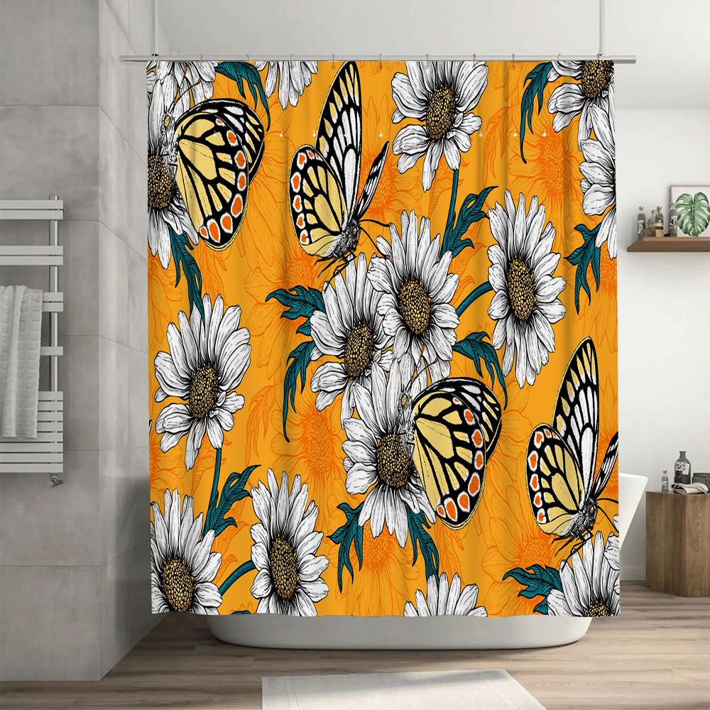 Sunflower Butterfly Printed Shower Curtains For Bathroom Decor Orange Color Floral Curtain With Rod Hooks Set (Yellow)