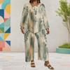 Women Plus Size Two Piece Set Round Neck Long Sleeve Printed Layered Top Wide Leg Cropped Pants