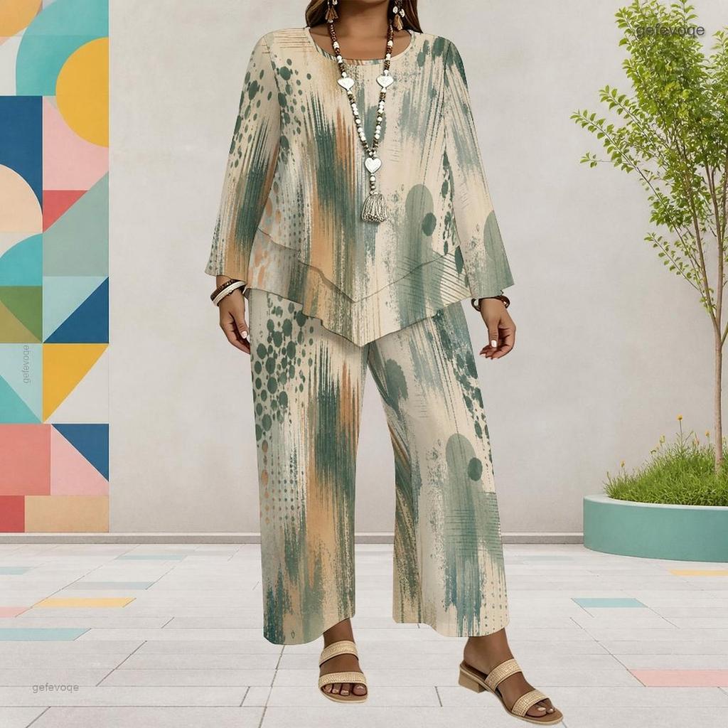Women Plus Size Two Piece Set Round Neck Long Sleeve Printed Layered Top Wide Leg Cropped Pants