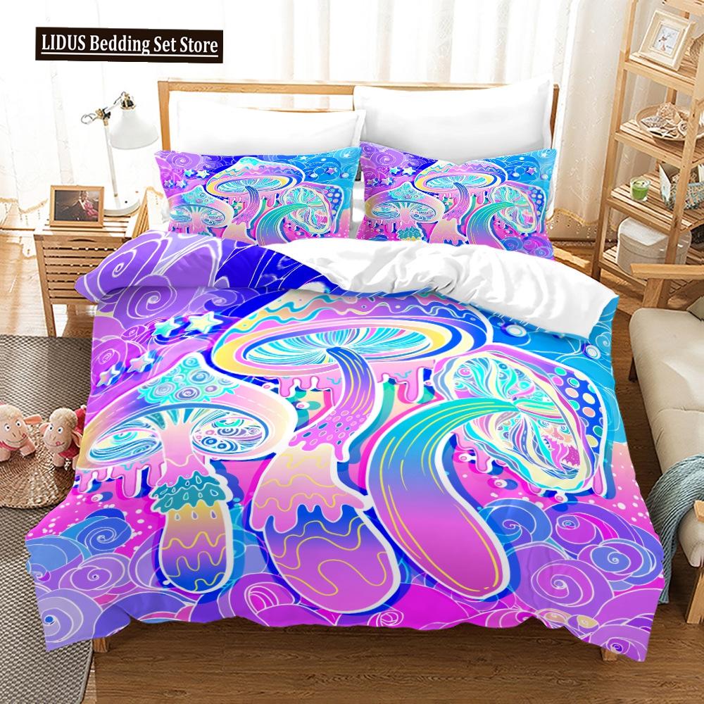Mushroom Duvet Cover Set King Queen Size Star Purple Blue Trippy Mushroom Pattern Cartoon Polyester Bedding Set For Kid Boy Girl