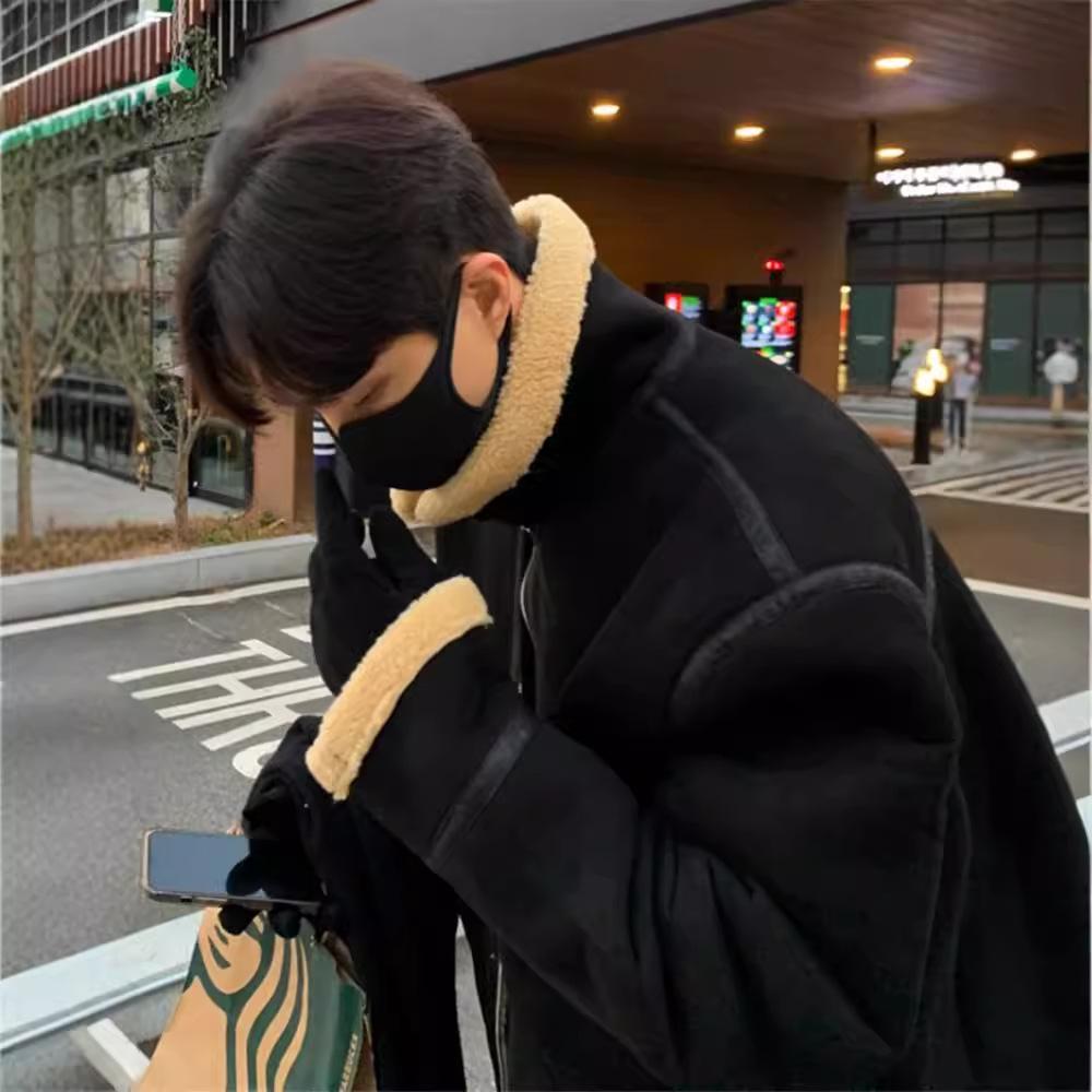 Lamb Wool Collar Coat Men's Winter Retro Motorcycle Cotton-padded Jacket Padded Suede Cotton-padded Jacket