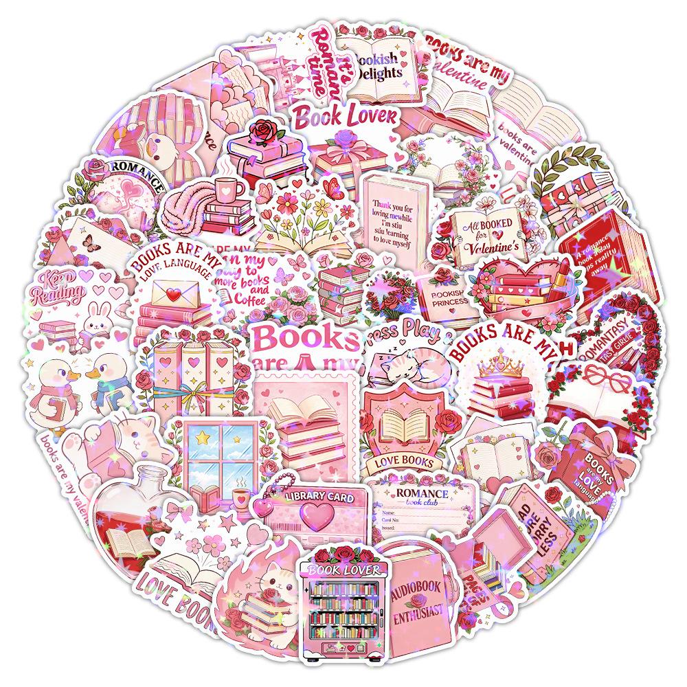 10/30/50pcs Holographic Laser Style Bookish Cartoon Stickers Cute Pink Valentine's Day Aesthetic Sticker DIY Stationery Laptop