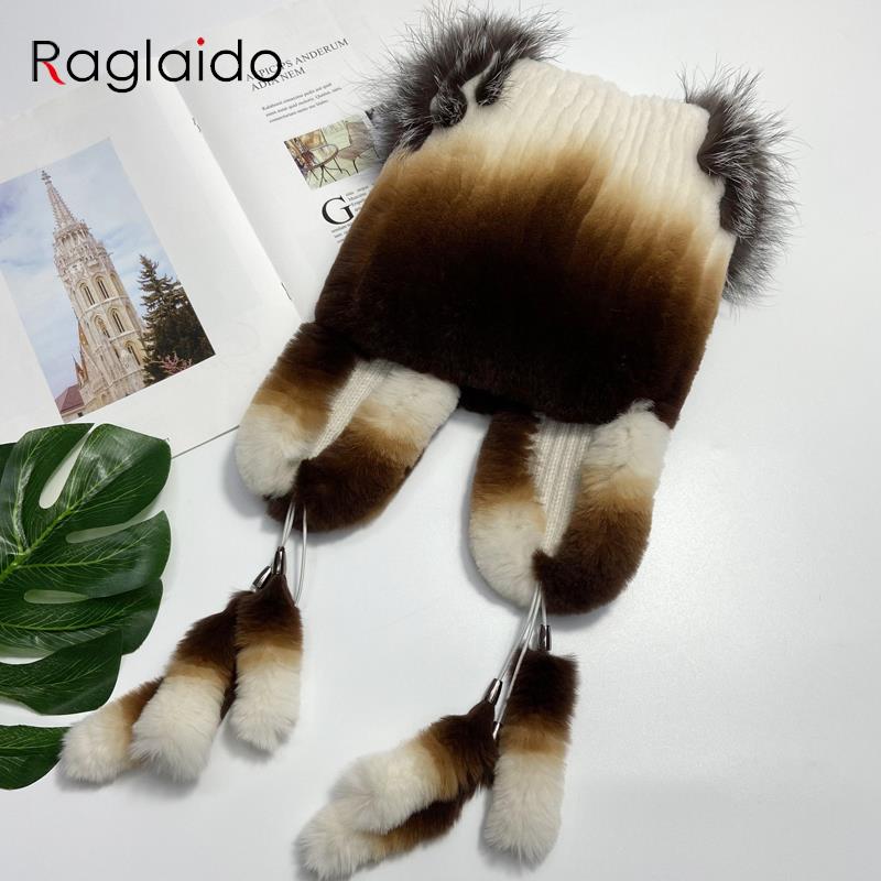 Chapéus de pele de coelho natural para mulheres, abas de orelha, rabos fofos, chapéu de inverno quente e estiloso