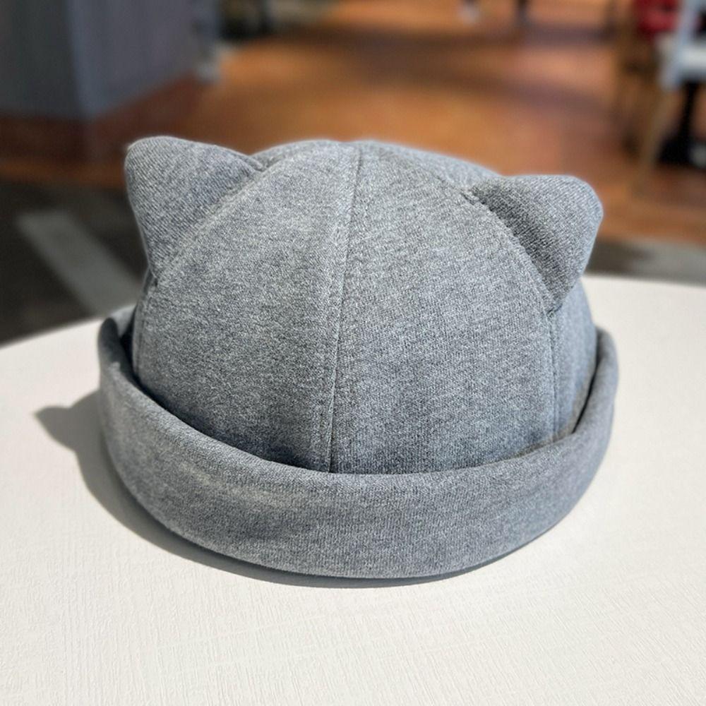 Polyester Melon Skin Cap Wool Brimless Skullies Cap Fashion Cat Ear Beanie Hat  All-match