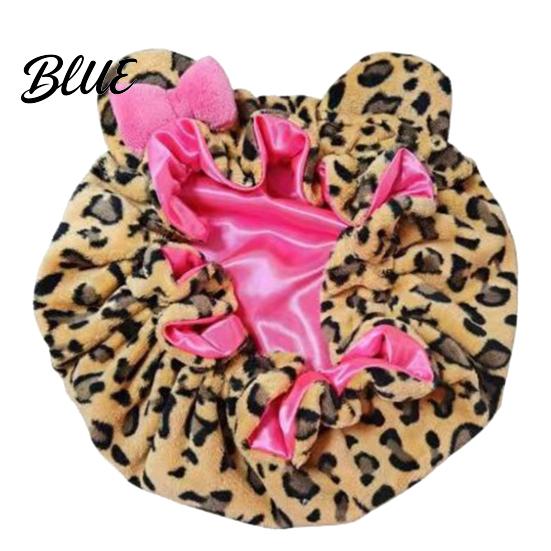 Soft Plush Sleep Hat Leopard Print Sleeping Bowknot 3D Cat Ear Decor Adjustable No Satin Cap Frizz Fit Double Layer Lined Hair Protection Bonnet