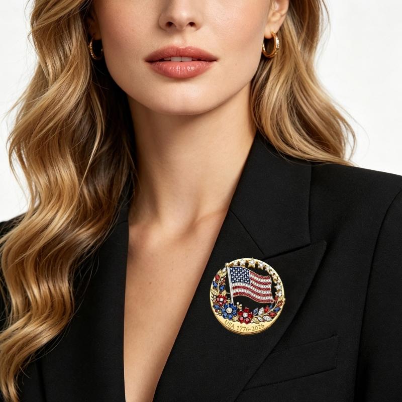 Classical American 250 Years Independence Commemorative Brooch Zinc Alloy Star Flower Coating Corsage Pin
