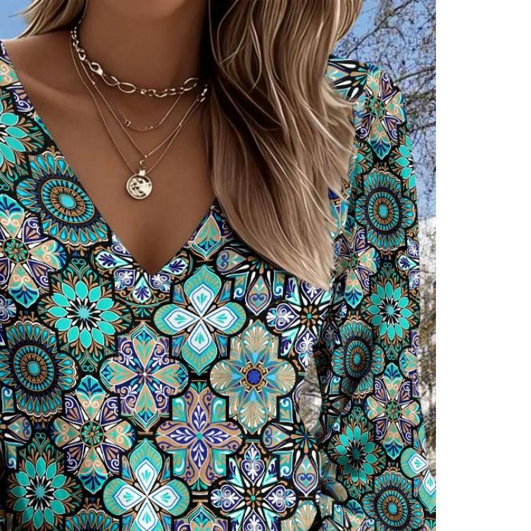 Lady Bohemian Retro Western Style V-Neck Shirt - Lantern Sleeve Top, suitable for casual wear, vacations and daily outfits
