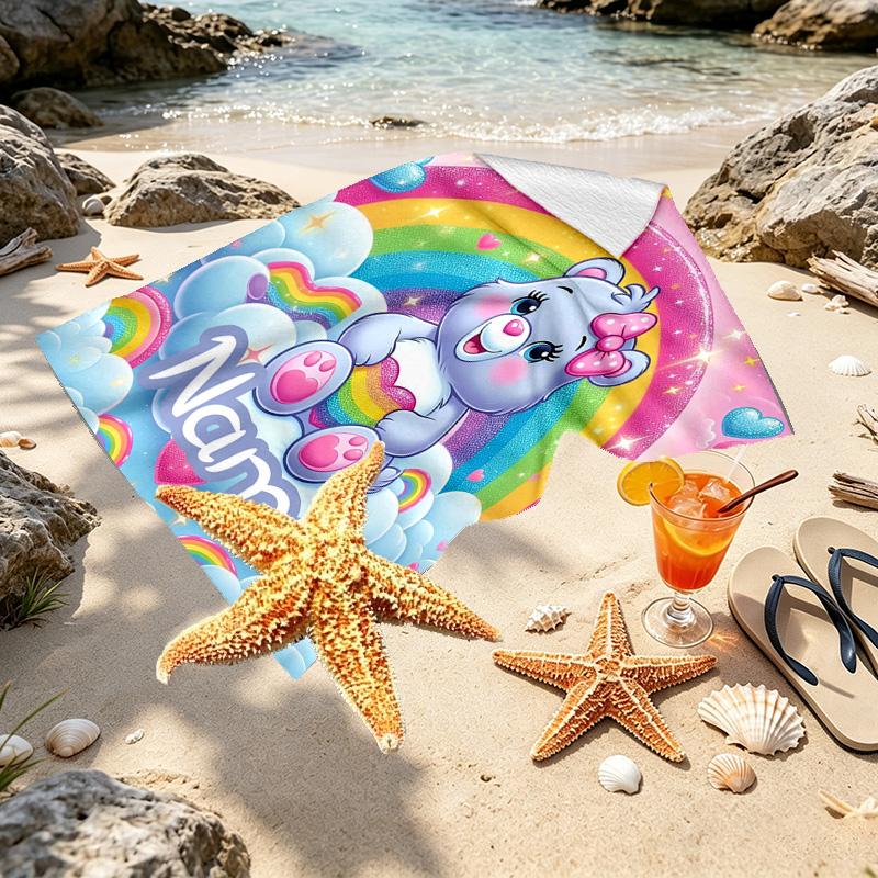 Custom Name Personalized Care Bears Print Beach Towel, for Trip Camping Beach Party Home Decor, Birthday Gift for Family & Friends