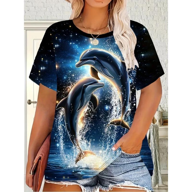 Summer Ladies 3D Dolphin Print Crew Neck T-Shirt