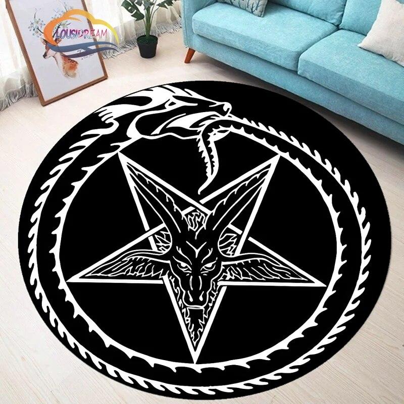 Pentagram Carpet Moon Satanic Round Rug Skull &  , Wicca  White  On Black  Goth Home Decor Chair Mats