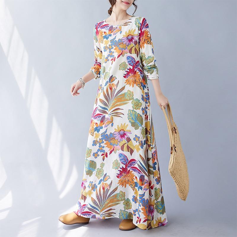 Real autumn new literary large size loose printing round neck long sleeve dress women's long dress