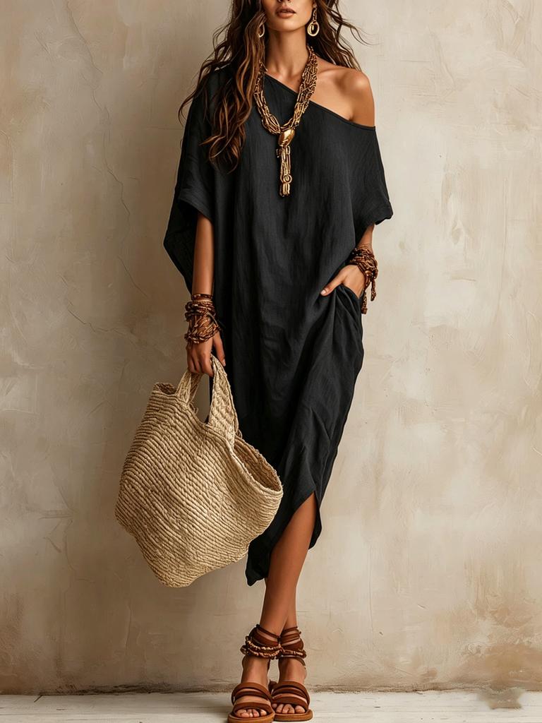 Dámské jednobarevné off-shoulder maxi šaty s netopýřími rukávy a rozparkem, volné, lněné, boho, na dovolenou, dlouhé šaty