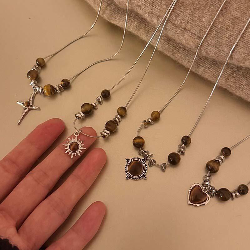 Vintage Silver Color Cross Star Heart Pendant Necklace for Women Hiphop Punk Brown Stone Bead Necklace Sweater Chain Jewelry