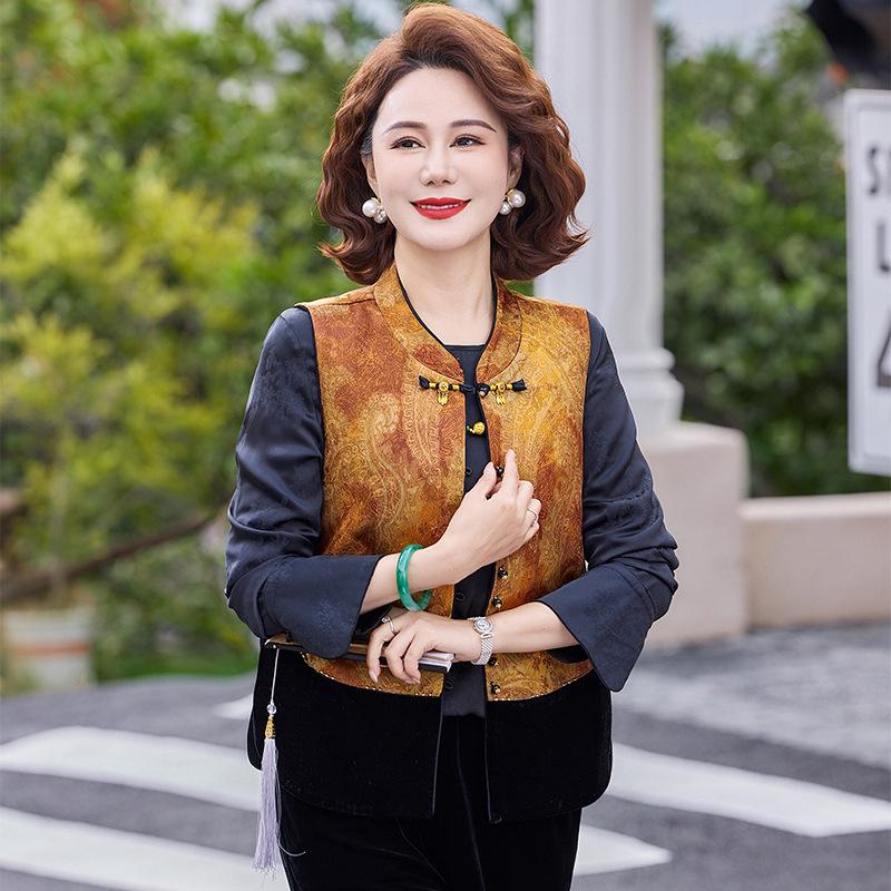 

2026 Spring/Autumn Women s High-End Silk Velvet Patchwork Vest - New Chinese Style, Round Neck 2XL помаранчевий