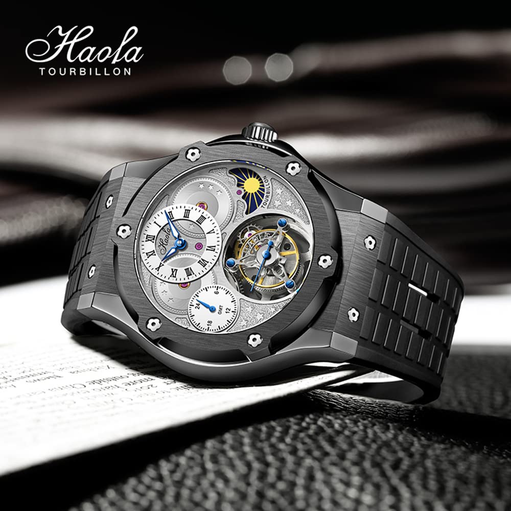 Montre HAOFA Tourbillon Mécanique à remontage manuel Phase de lune GMT Montre Luxe Élégante Verre Saphir Cadeau Populaire pour Hommes Hommes Hommes