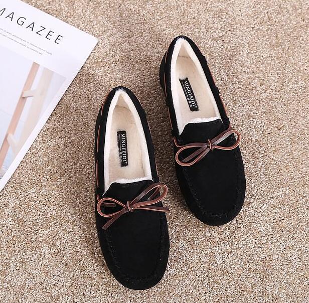 Fashion 2025 Winter Cotton Fur Moccasins Woman Furry Loafers Warm Slip On Bowtie Flats Shoes Ladies Daily Work Barefoot Mocasines Femmes