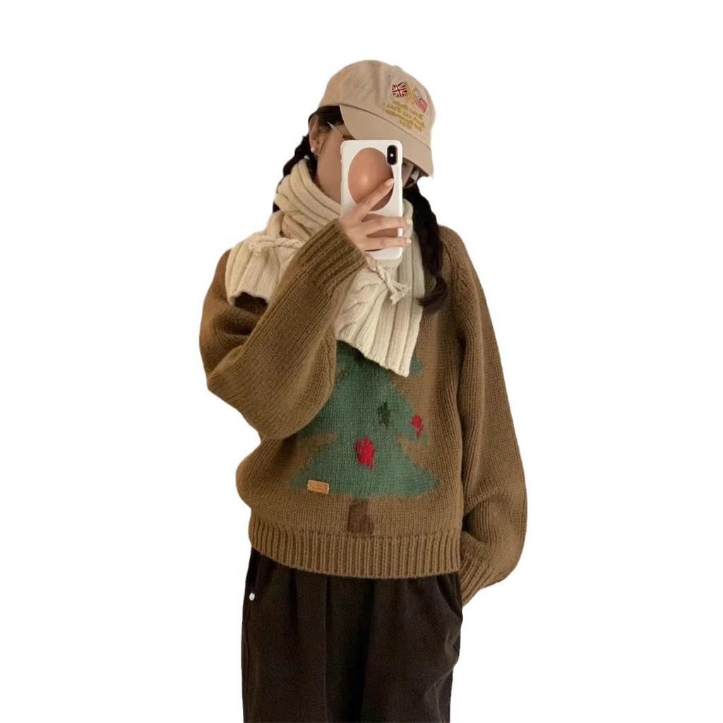 Autumn and Winter Sweet Atmosphere Knitted Sweater Fashion Retro Christmas Tree Jacquard Crew Neck Pullover Women Lazy