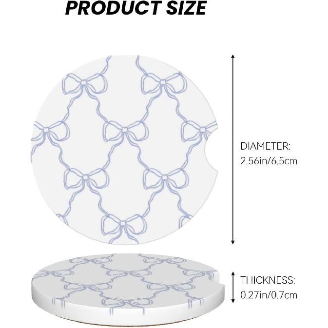 Blue Bow Car Cup Coaster 2 Pack Ceramic Absorbent Car Coasters 2.56 Inch Non-Slip Car Cup Holder Interior Car Accessories For Women Girls Cup Mats