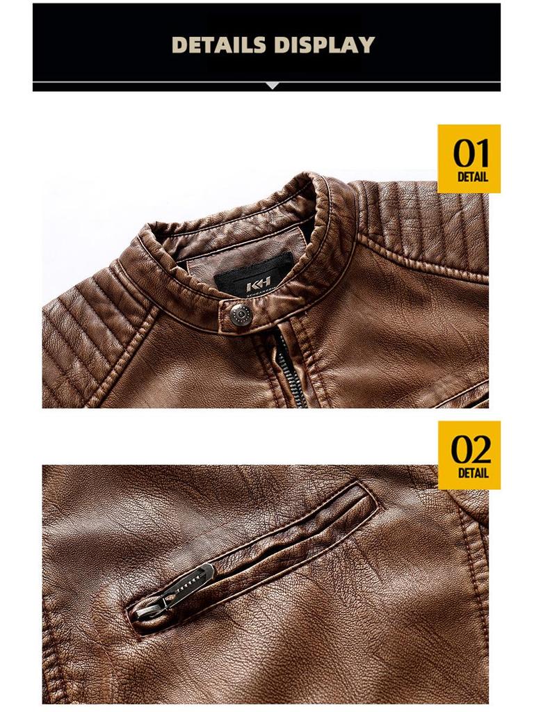Jachetă de motociclist pentru bărbați, de iarnă, din piele PU, cu guler înalt, croială slim fit - Stil European & American