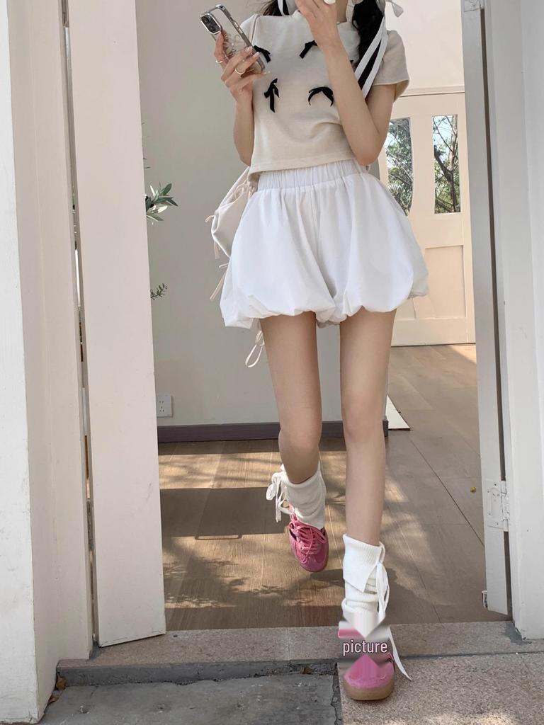 Women's High-Waist Lantern Culotte Shorts - Summer Tulip Skirt Pants, Black/White