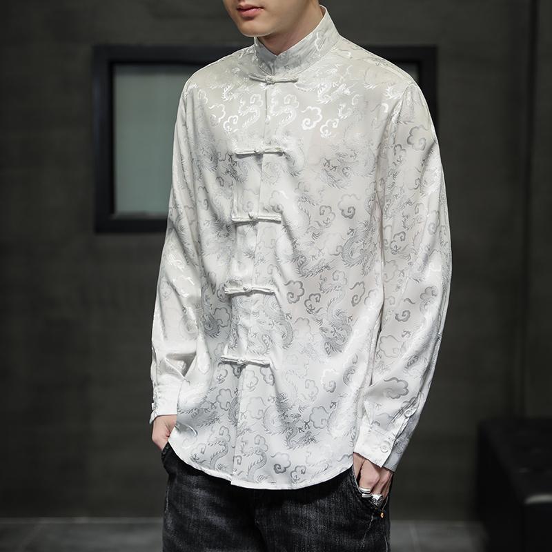 Men Chinese Style Vintage Shirt Mens Tops Tang Suit Fashion Solid Traditional Long Sleeve Stand-Up Collar White Shirt