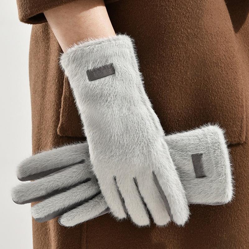 Women Winter Suede Faux Mink Fur Gloves, Cute Touch Screen Finger Gloves, Warm Thermal Gloves For Driving And Cycling