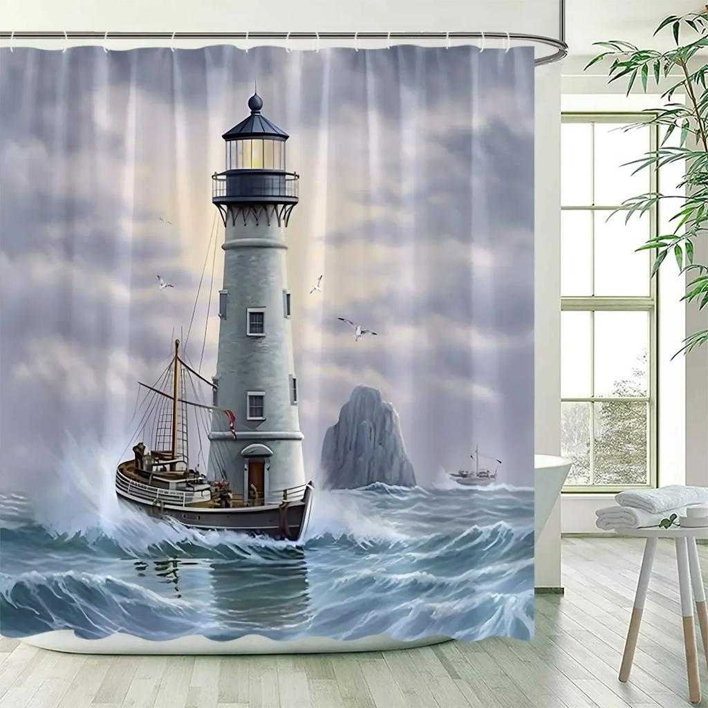 Sea Waves Nautical Shower Curtains Island Lighthouse Sailboat Ocean Landscape Bath Curtain Polyester Bathroom Decor with Hooks