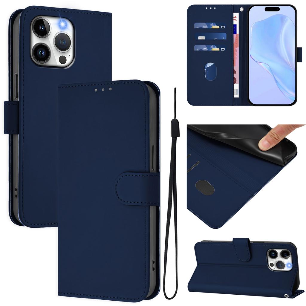 For iPhone 15 Pro Max Case Solid Color Wallet Leather Phone Cover with Strap