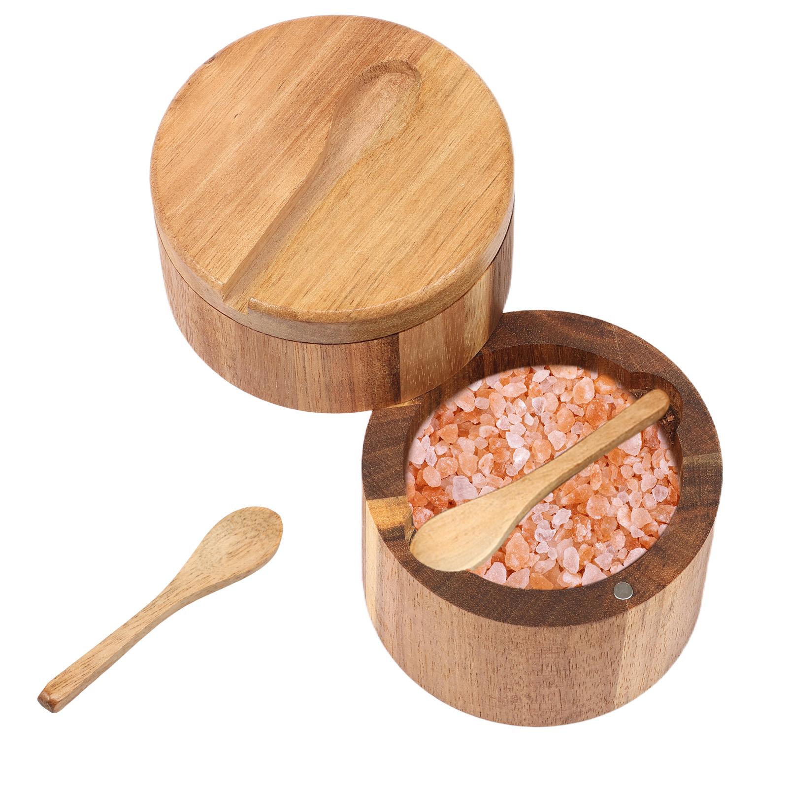 2 Layer Acacia Wood Salt and Pepper Bowl Box with Lid and Spoon Wood Salt Cellar Salt Jar Spice Seasoning Container Kitchen Tool