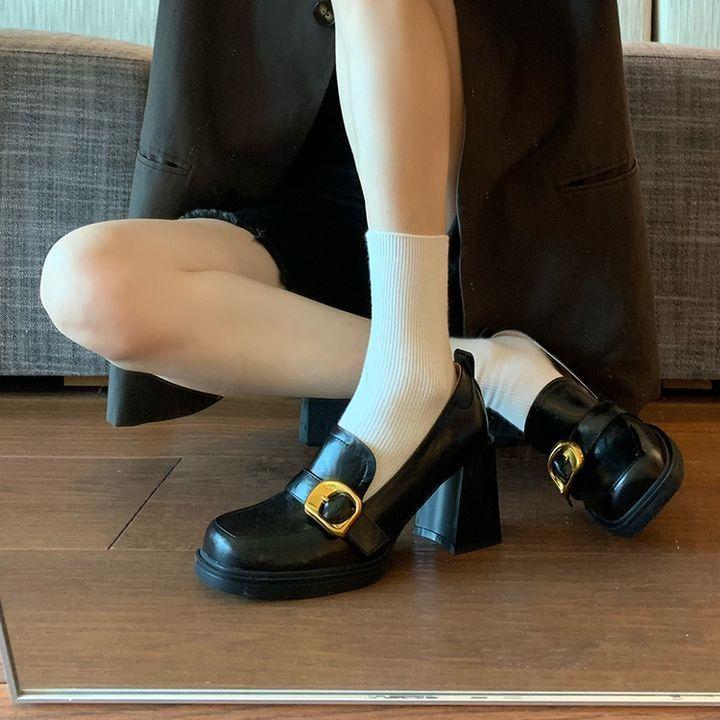 High-heeled small leather shoes thick-heeled Korean version shoes retro one-pedal loafu square head British style metal buckle jk