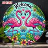 D-Moll Willkommen Flamingo Metallschild Tropisches Liebesherz Rosa Vögel mit Hibiskusblüten Runde Blechwandkunst Boho Sommerstrand