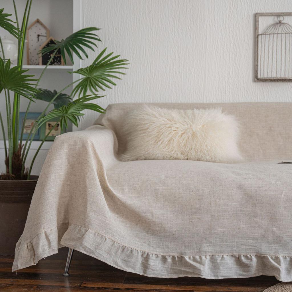Ruffles Sofa Towel Multi-functional Cover Polyester Hemp Printing Pastoral Pleat Thick Plain Retro Couch Cover Home Decorate