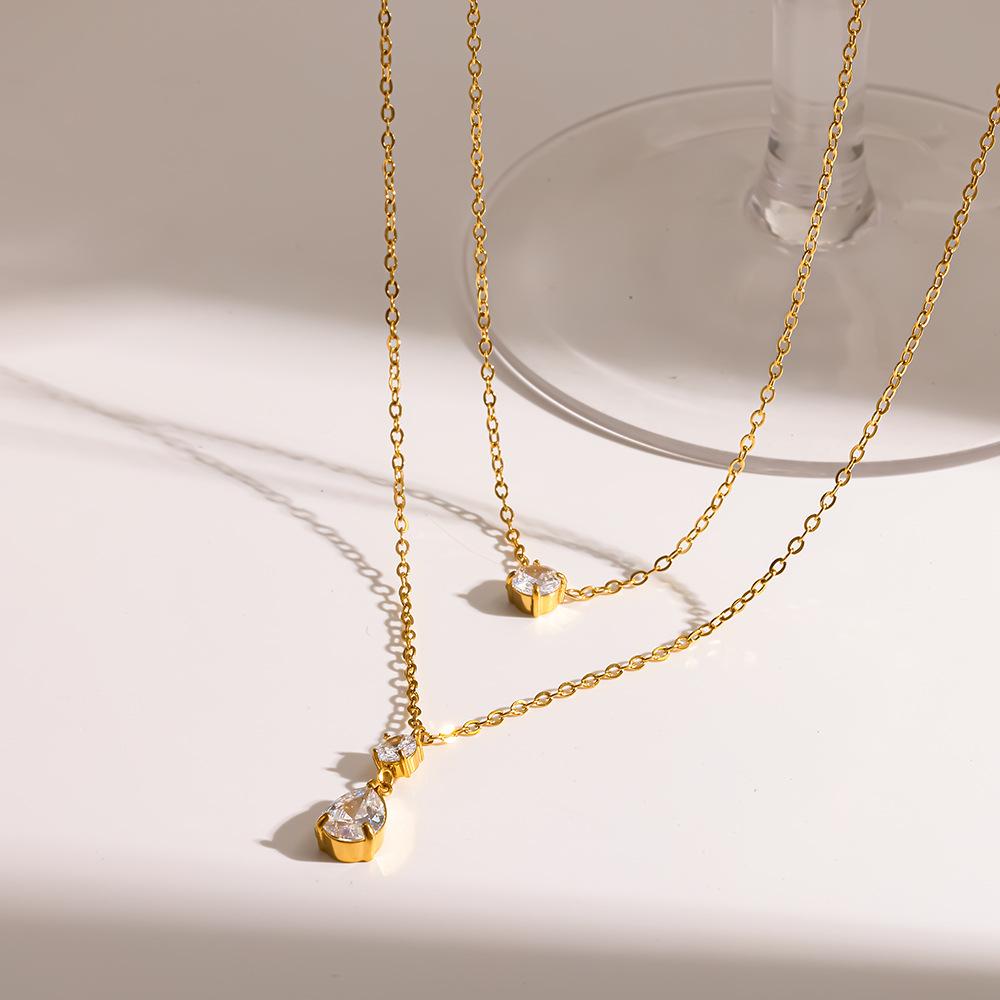 European and American Water Drop Zircon Pendant Double-layer Necklace Plated with 18K Gold Stainless Steel Color-preserving Jewelry Niche Design Women