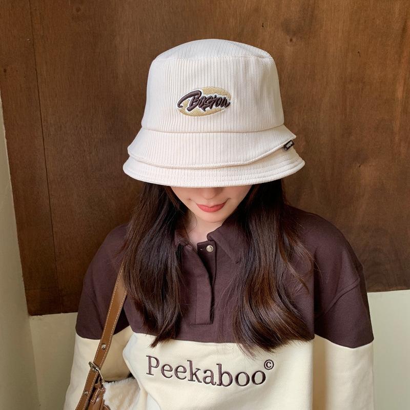 New Autumn and Winter Bucket Hat Women's Fashion Double-brimmed Striped Versatile Corduroy Showing Thin Face Small Letter Basin Hat