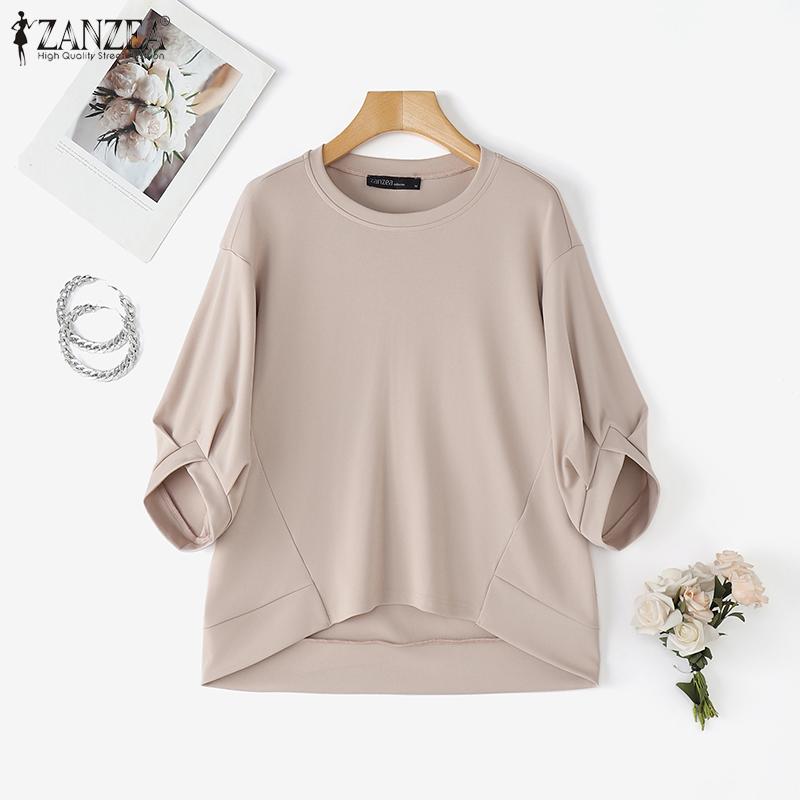 ZANZEA Women Casual Round Neck Solid Color Loose 3/4 Sleeve T-Shirts