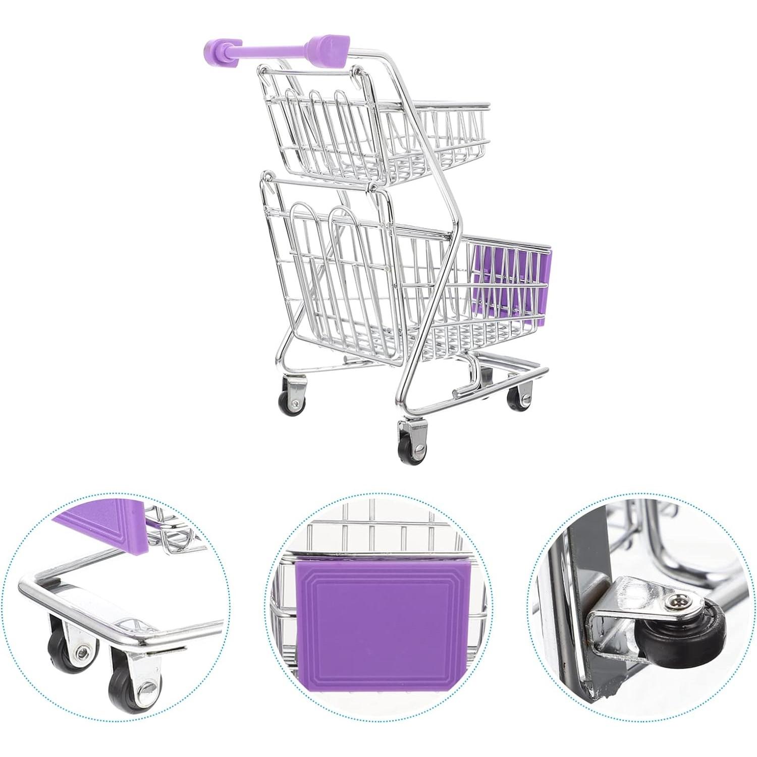 Миниатюрная корзина для покупок Мини-металлическая корзина для покупок Мини-супермаркет Ручная тележка Двухслойная тележка для супермаркетов Игрушка для домашнего декора рабочего стола фиолетовый 1523₽